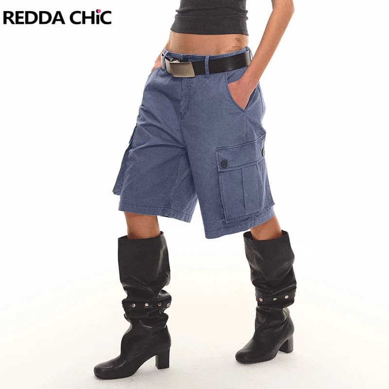 REDDACHiC Bermuda Cargo da Donna in Jeans Vintage Effetto Usurato, Multitasche, Vita Bassa, Gamba Larga, Stile Streetwear