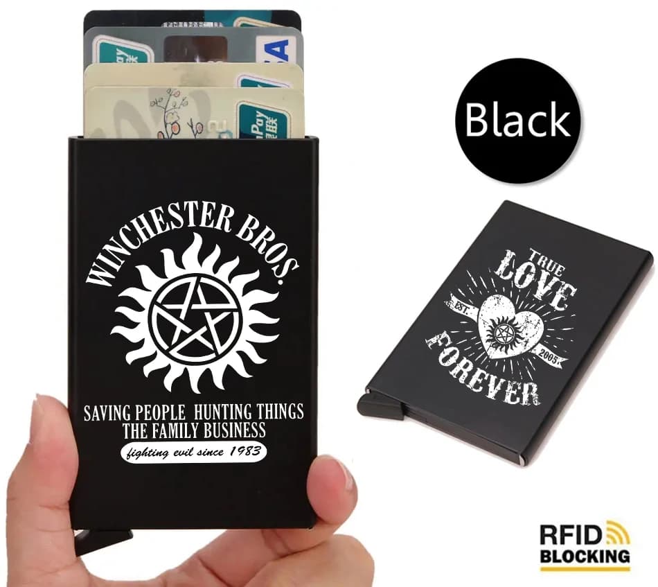 Supernatural Rfid Smart Wallet Porta carte di credito in metallo sottile sottile uomo donna portafogli pop up piccola borsa nera Vallet 6 carte Walets