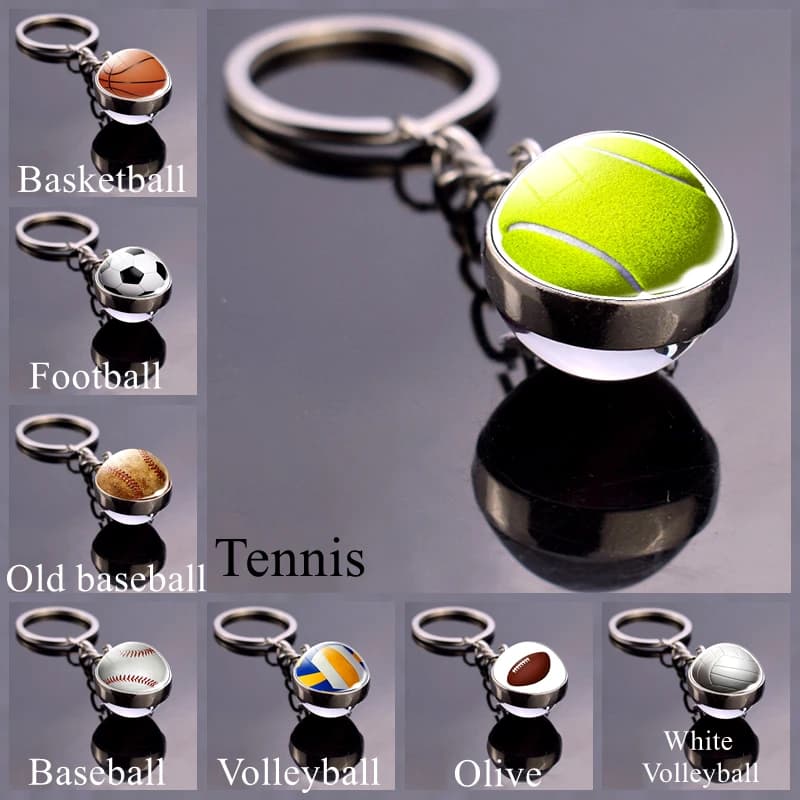 Keychain with glass ball Tennis keychain Football Baseball Volleyball Basketball Keychain with ball Fashion jewelry