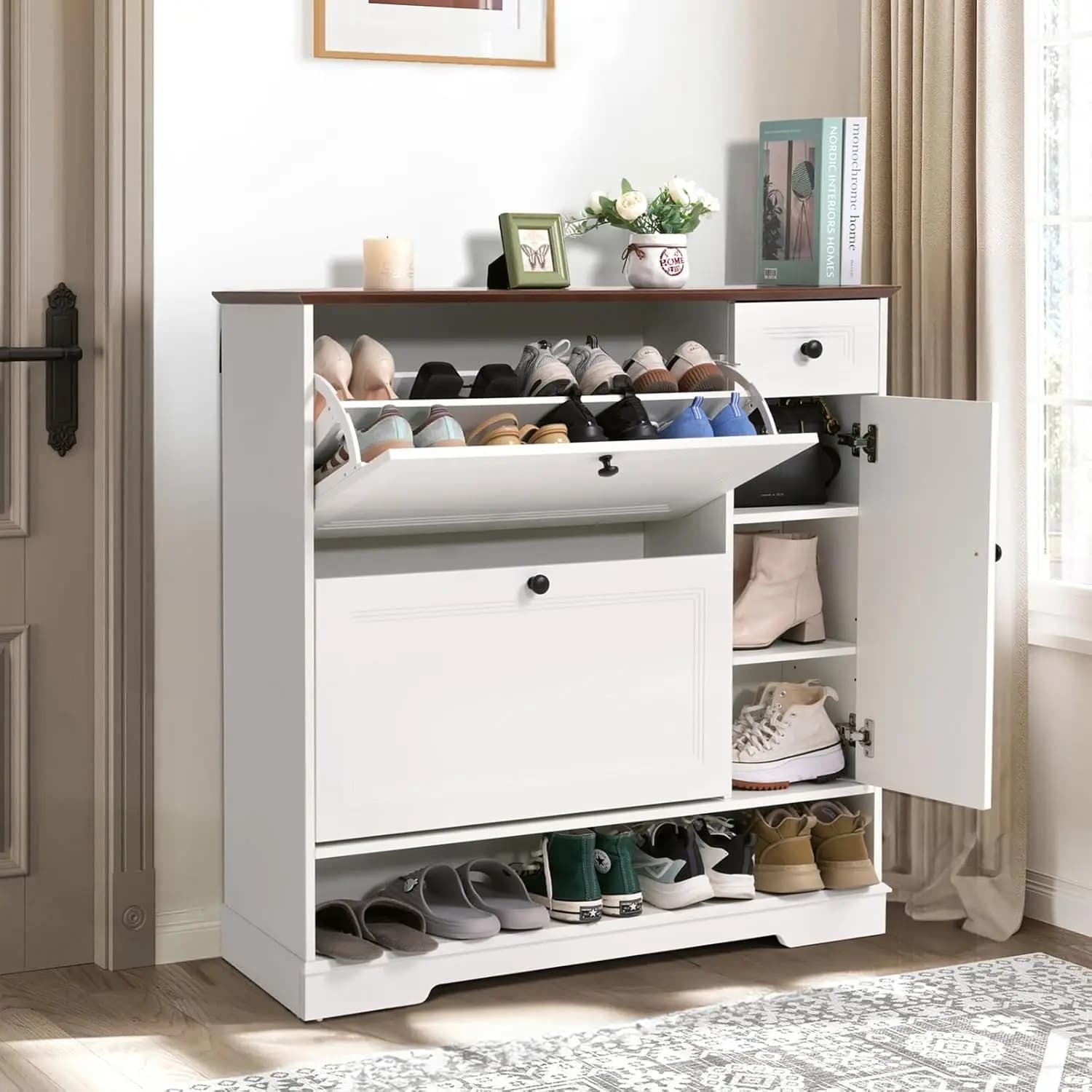 Shoe Cabinet with Flip Drawers & Adjustable Shelves, Freestanding Organizer, Entryway Storage, White, Customized