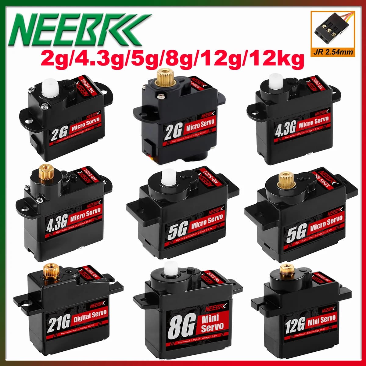NEEBRC 2g 4.3g 5g 8g 12g 21g Plastica Matel Gear Servo digitale Spina JR per RC Auto Elicottero Drone ad ala fissa Robot Accessori