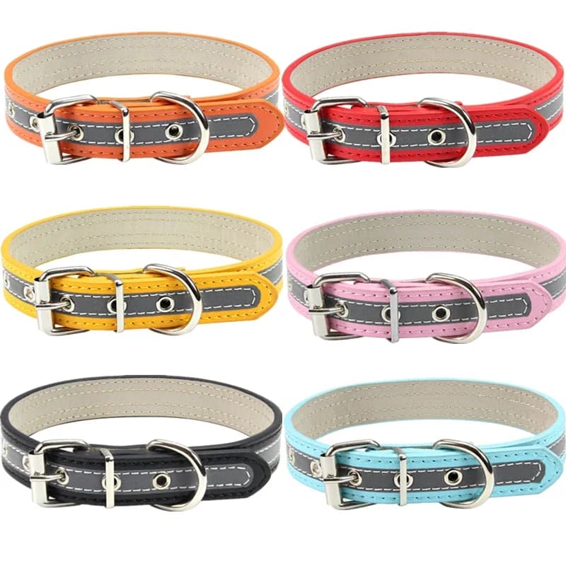 Adjustable Reflective PU Leather Dog Collar Durable Safety Pet Collar for Puppies Small Dogs Cats