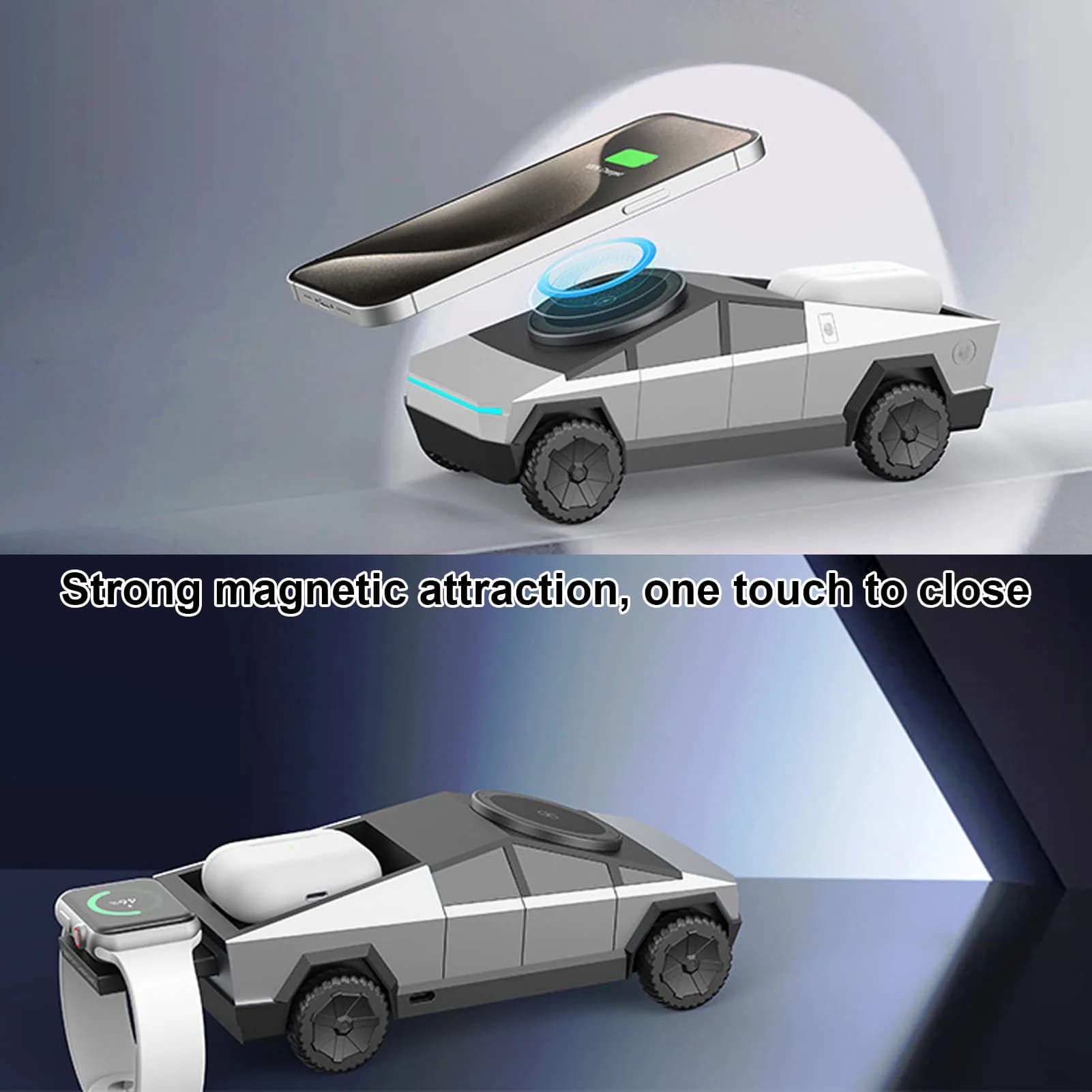 Wireless charging station 3 in 1 car-shaped 1:25 scale with rotating charger and ambient light for phone, clock and earphones