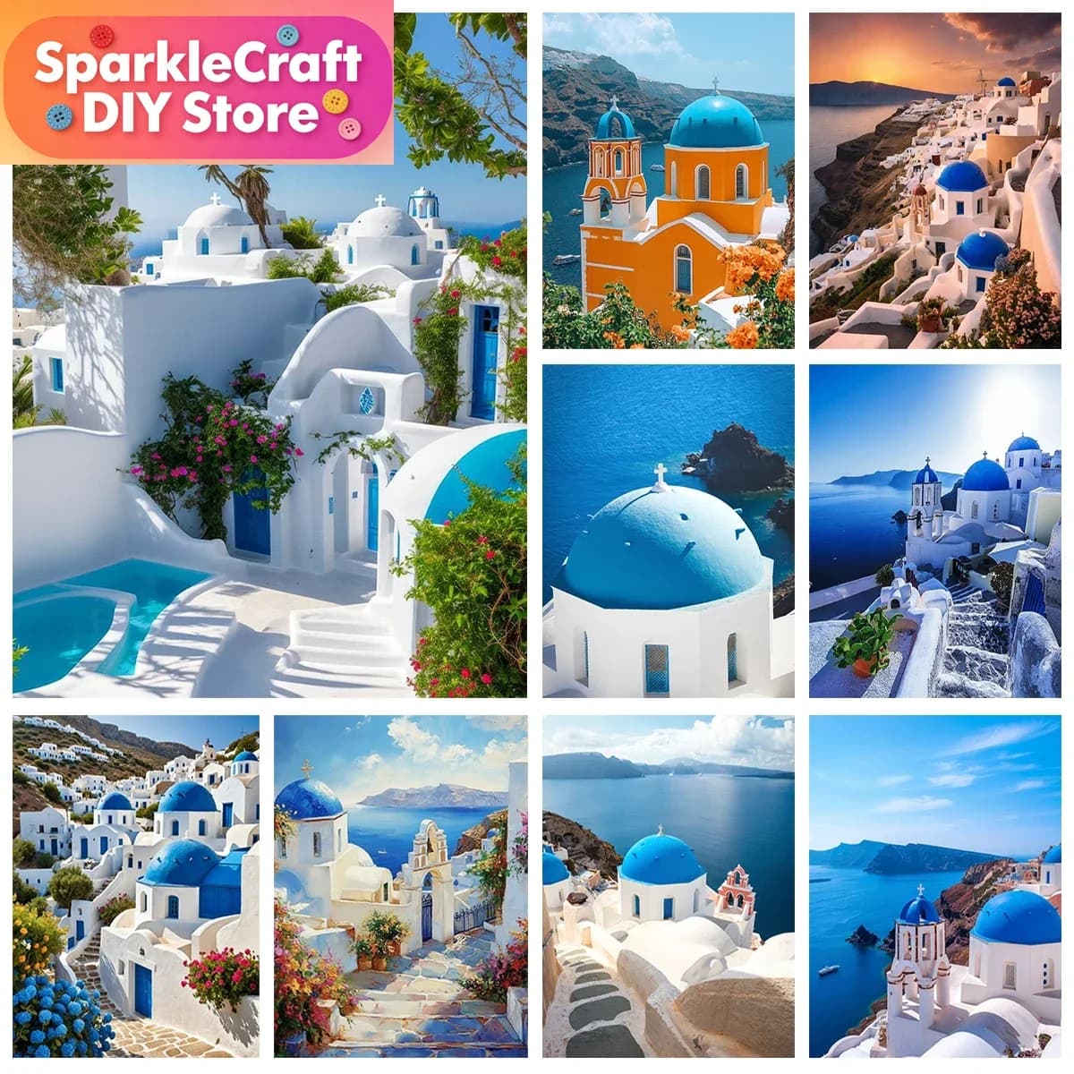 1 pz. Quadro senza cornice con pittura diamante fai da te, Paesaggio costiero di Santorini Blu Egeo, Ricamo diamantato 5D, Punto croce fatto a mano per la casa