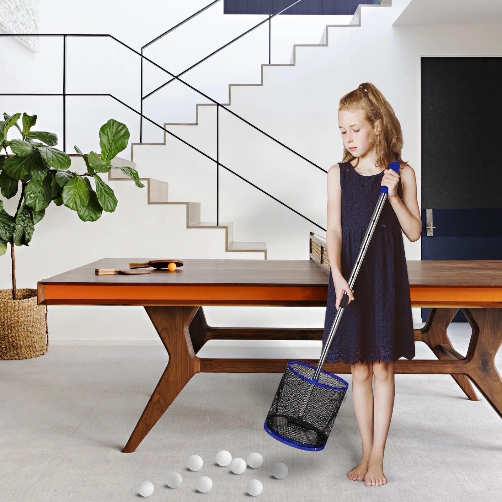 Raccoglitore di Palline da Ping Pong con Asta Regolabile, Rete Grande per 120 Palline, Strumento Efficiente per l'Allenamento