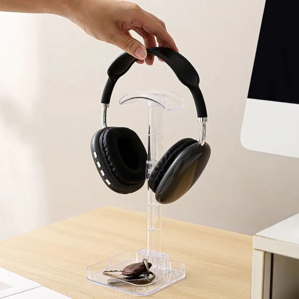 Supporto universale per cuffie in plastica trasparente con supporto per telefono Staffa per cuffie Vassoio portaoggetti staccabile Supporto per cuffie
