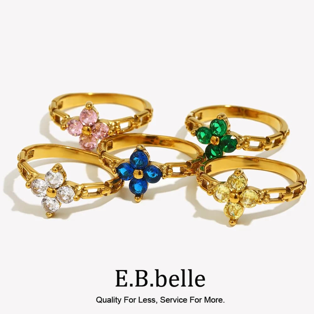 EBbelle Catena placcata oro 18 carati Fiore colorato Anelli con zirconi Accessori per gioielli da donna in acciaio inossidabile senza appannamento