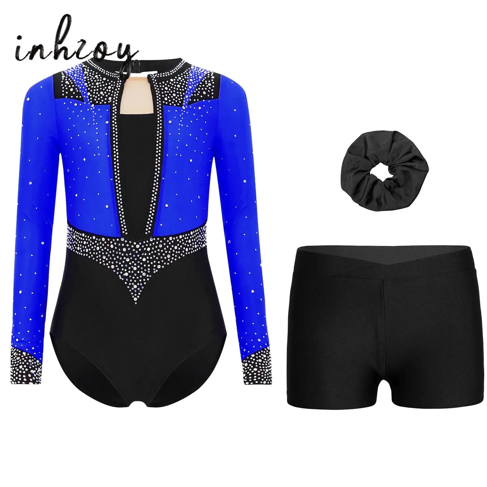 3 pz/set Bambini Ragazze Ginnastica Pattinaggio di Figura Vestito Da Ballo Buco Della Serratura Indietro Lucido Strass Manica Lunga Body + Pantaloncini + Fascia Per Capelli