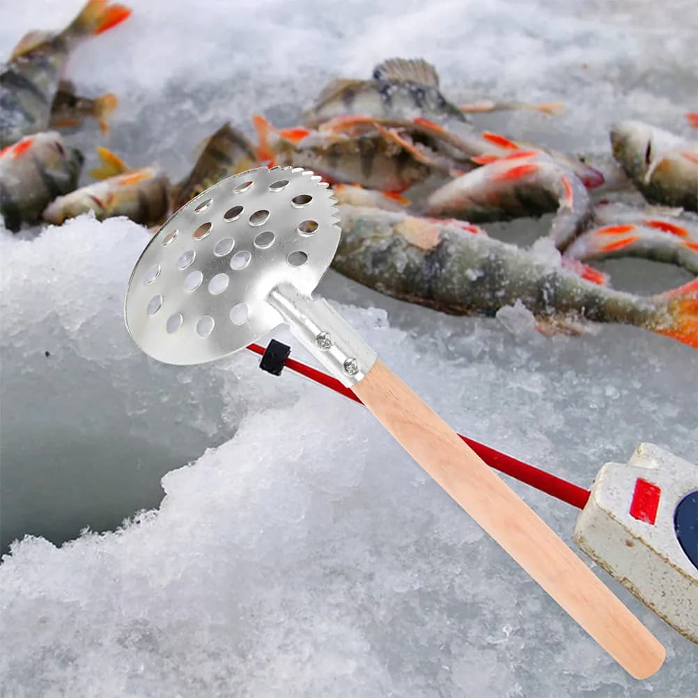 1 Paio di Pala per Pesca sul Ghiaccio, Skimmer Metallico Seghettato con Manico Lungo in Legno, Attrezzatura per Pesca Invernale, Equipaggiamento per Esterni