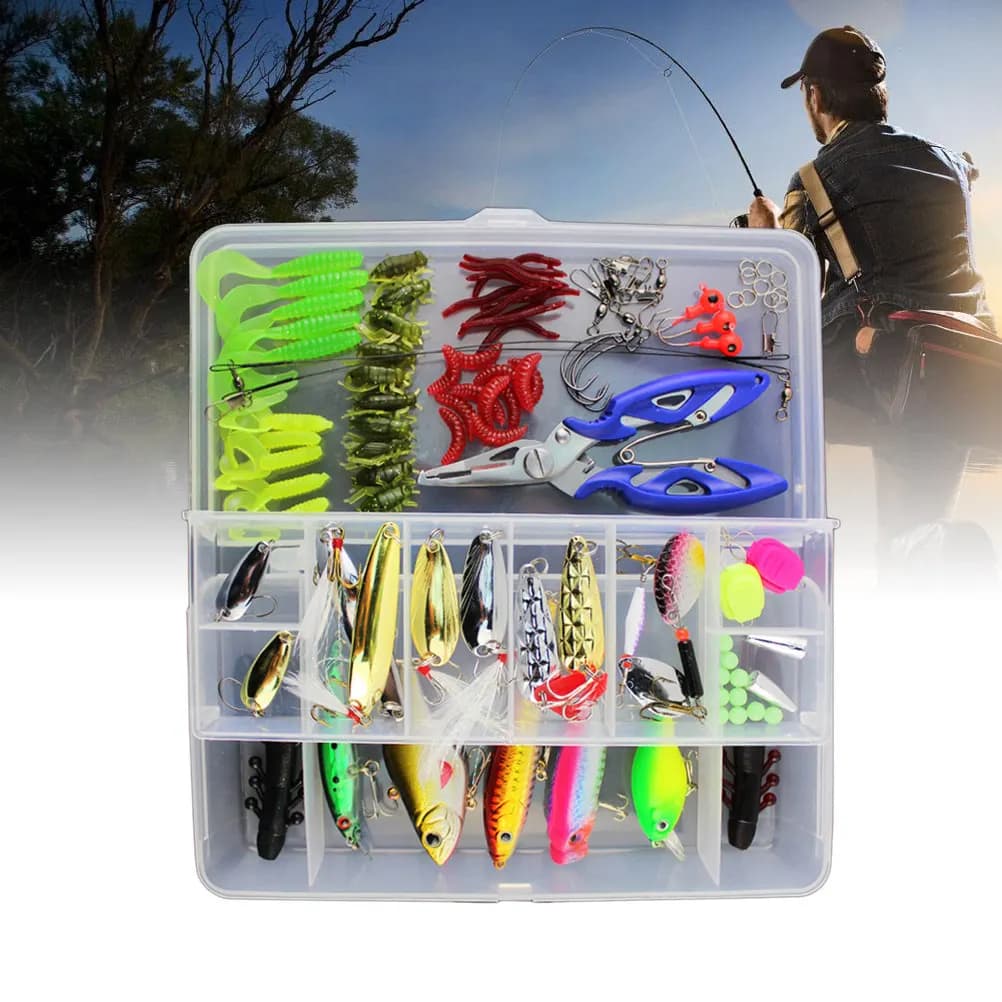 Kit di 101 Esche da Pesca Multifunzionale con Scatola Porta Attrezzi, Esche Dure Assortite, Esche Topwater, Forbici e Scomparti per Acqua Dolce