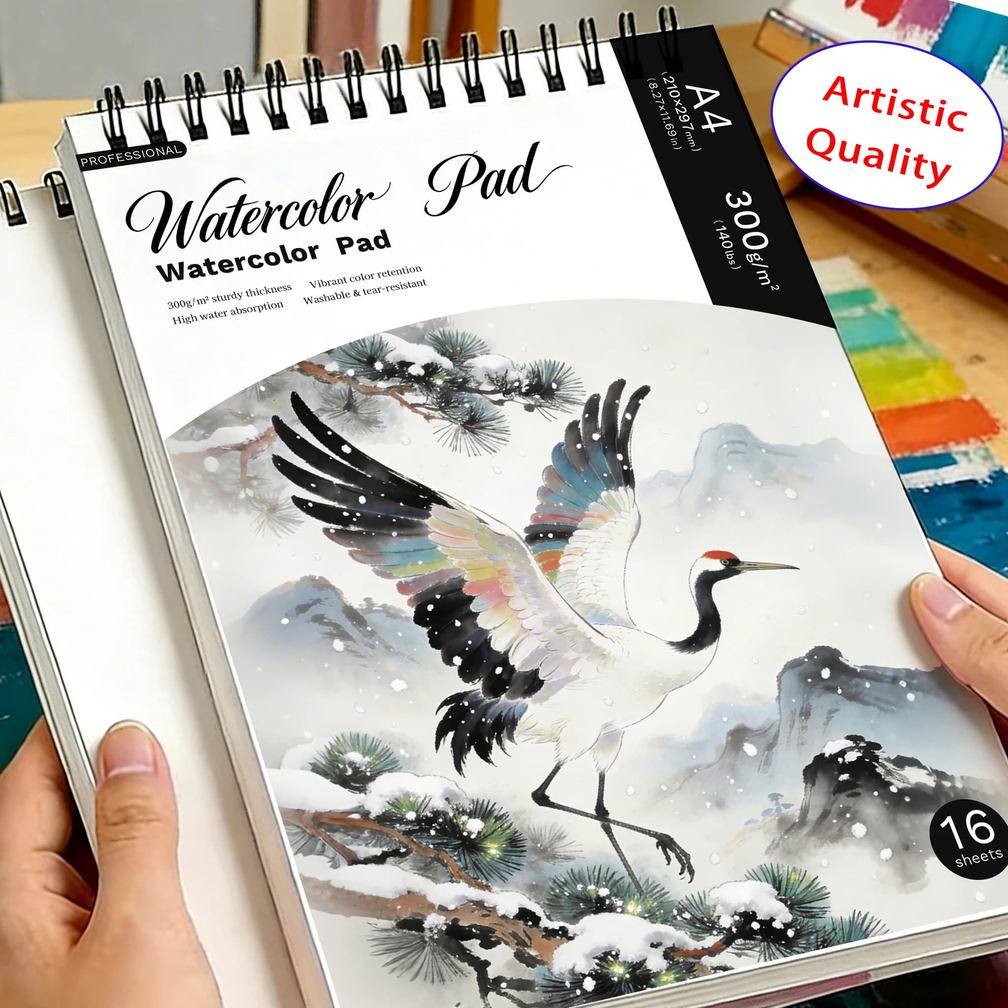 A4 Spiral Watercolor Pad 300gsm, Red-Crowned Crane in Snowy Pine Cover, 16 Sheets Acid-Free Art Sketchbook for Back to Scho