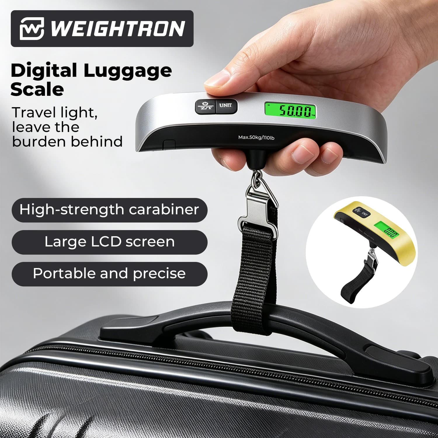 Bilancia digitale portatile per bagagli da viaggio, bilancia per valigia con vernice in gomma, 110 libbre/50 kg, sensore di temperatura
