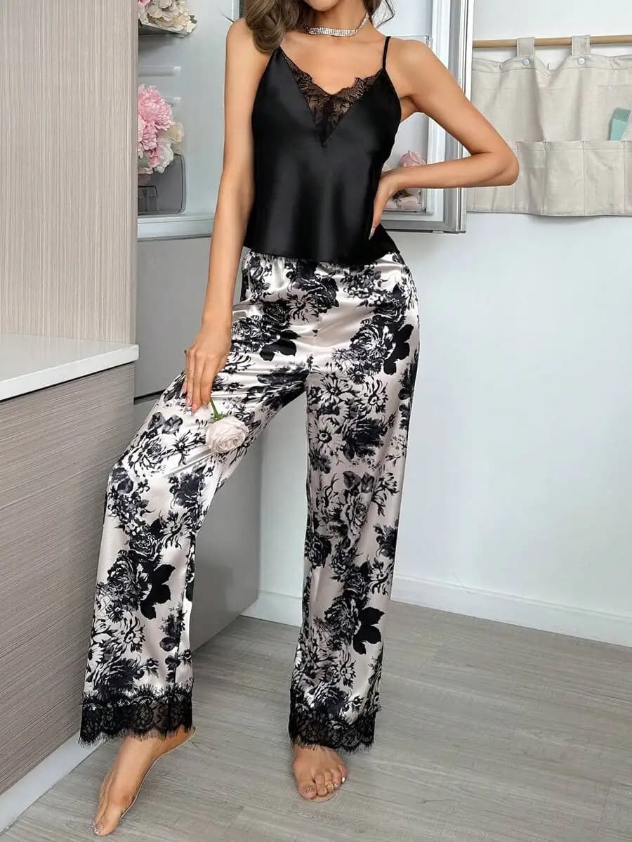 Women Floral Lace Patchwork Pajama Set Soft Silk Blend Sleepwear