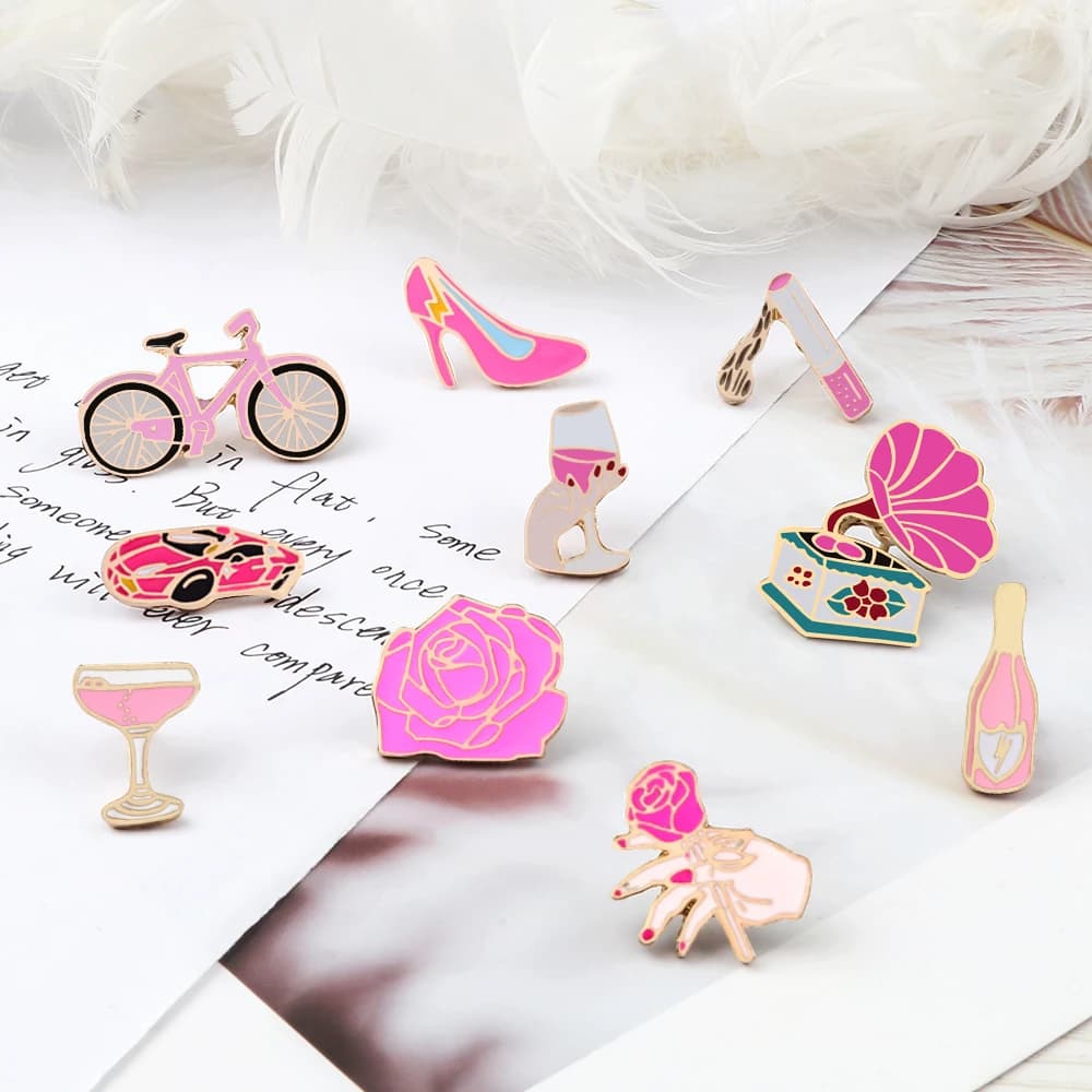 Donne rosa rosa smalto spille spille Champagne bicchiere da vino sigaretta Vintage giradischi carino bici distintivi gioielli per ragazza bambini