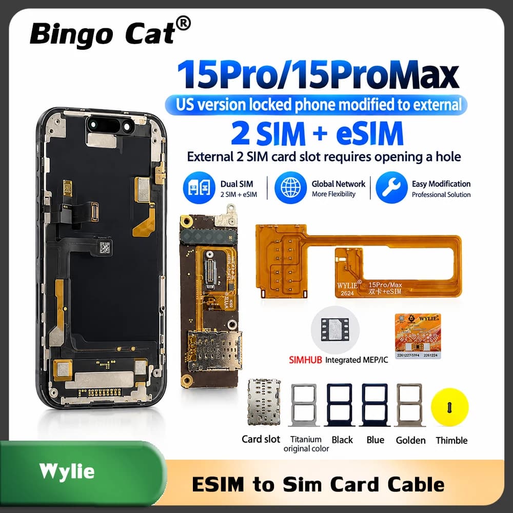 Wylie US Version Locked Unlocking Phone Single To Dual 2 SIM+eSIM Card Slot Flex for iPhone 15 15Pro Max Built-in MEP Solution