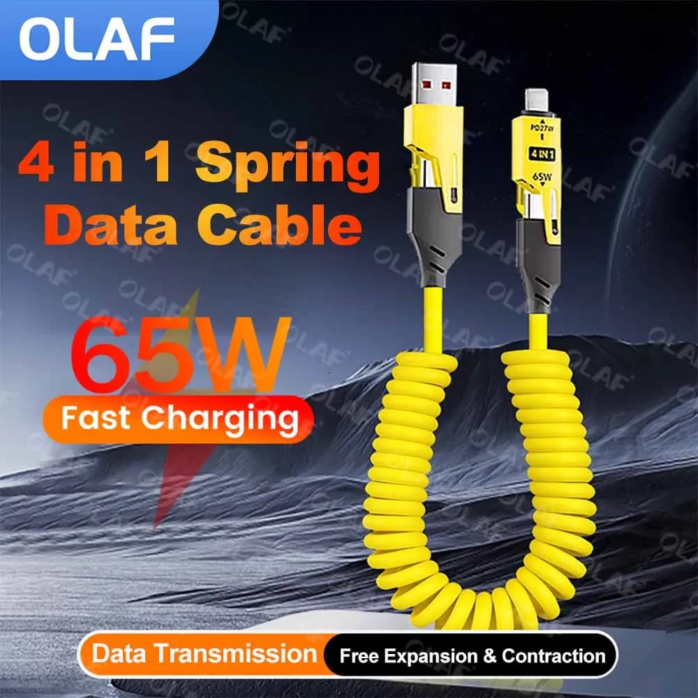 Cavo a molla di ricarica rapida 4 in 1 PD 27W 65W Cavo da USB tipo C a tipo C e cavo dati Lightning per iPhone 15 16 Samsung Xiaomi