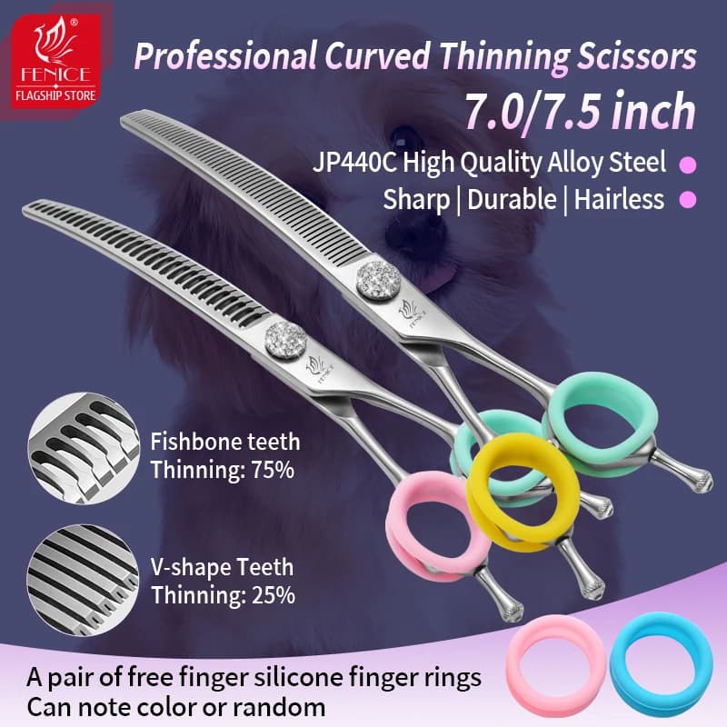 Fenice 7/7.5 Inch Diamonds Screw Curved Chunker Scissors Thinner Shears for Petgroom Tesoura about Dogs Supplies