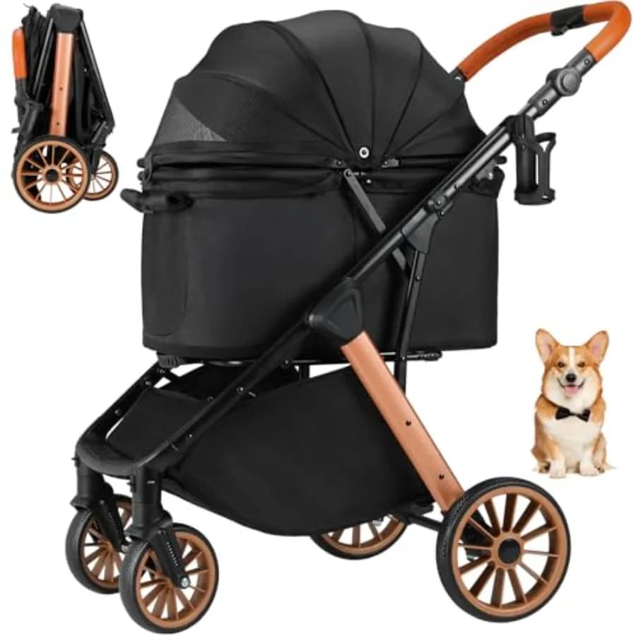 MAMIZO Foldable Dog Stroller for Medium Dogs Cats Up to 33 Lbs, Adjustable Height Handle, Pet Stroller with Aluminum and Carbon