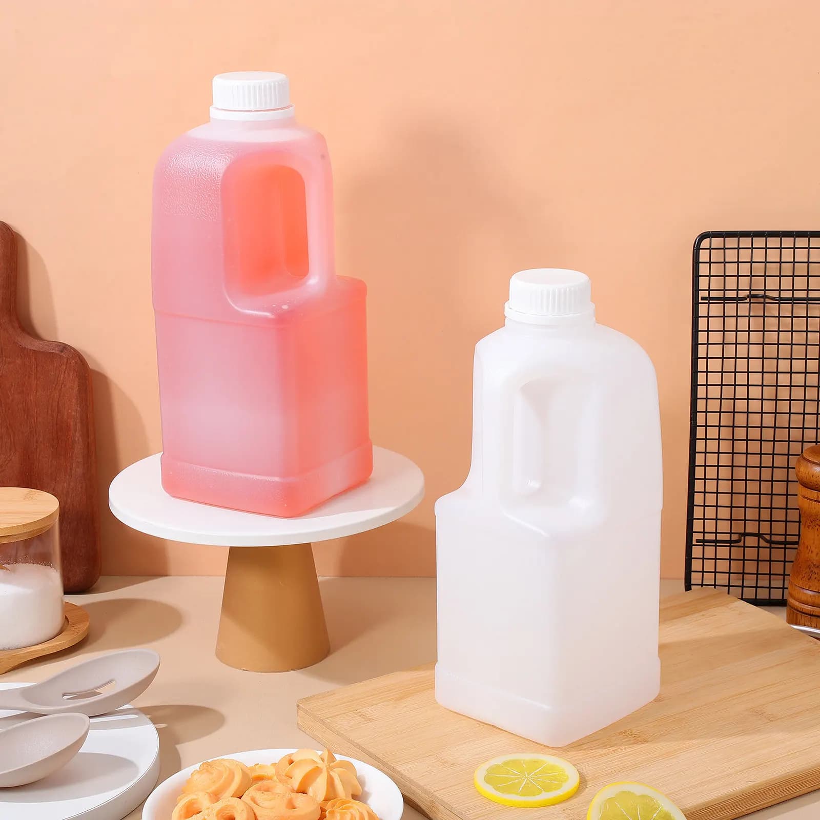 3Pcs Large Capacity 2 Gallon Water Storage Jug with Cap Easy Carry Handle Food Safe Reusable Container for Milk Tea Coffee Shop