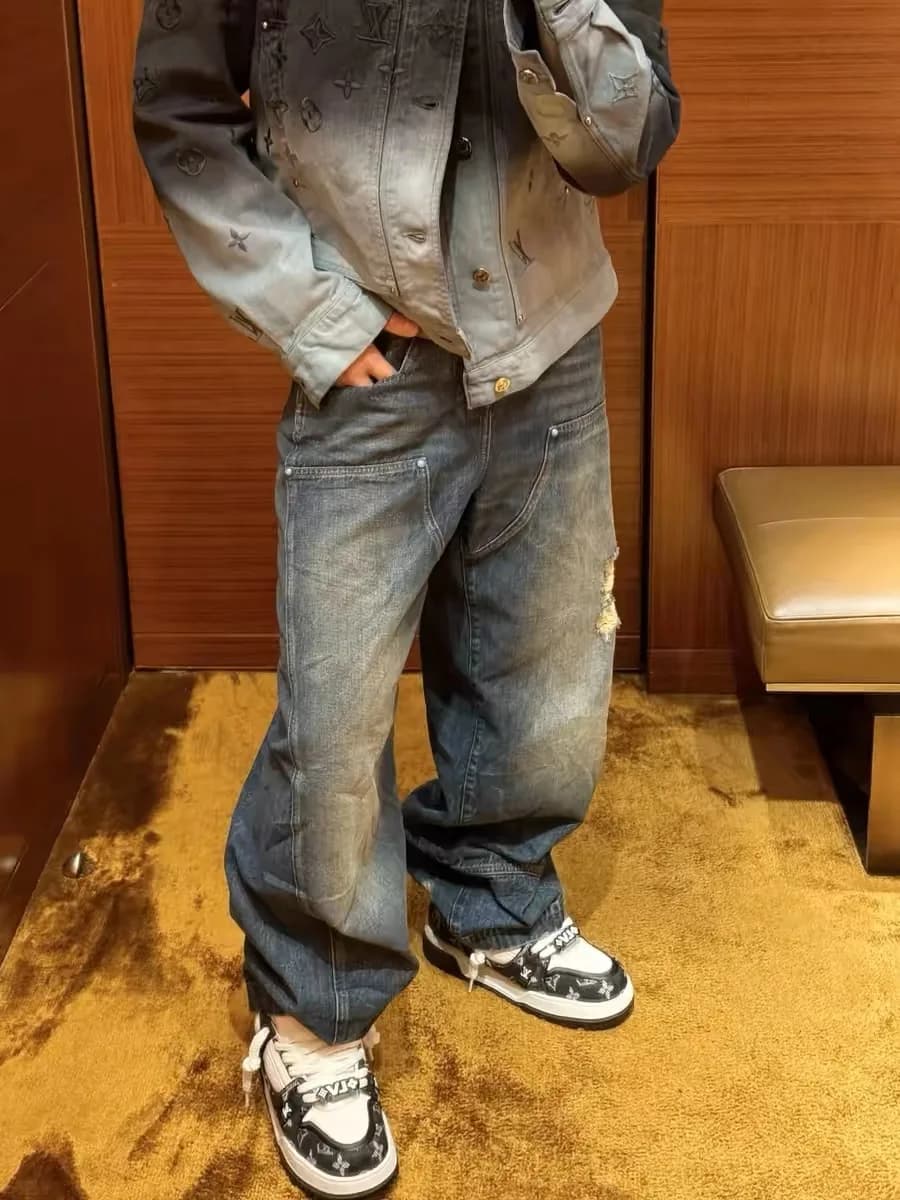 Jeans Casual a Gamba Dritta Larga per Uomo e Donna, Design Sbiadito, Pantaloni in Denim Stile Workwear per l'Autunno