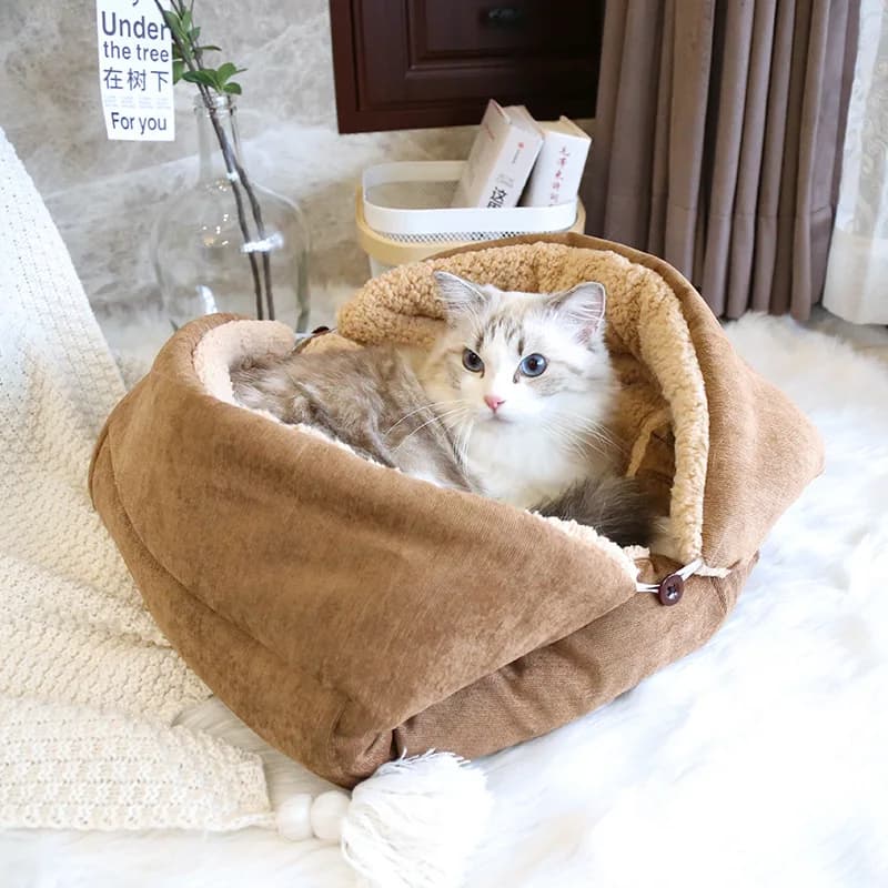 Sacco nanna per animali domestici lavabile foderato in morbida pelliccia sintetica marrone caldo e accogliente invernale per cuscino per gattini da interno invernale