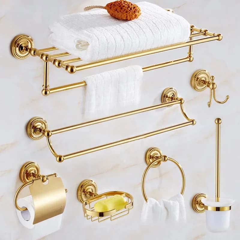 Set di accessori per il bagno Set di accessori per il bagno in ottone dorato Portasciugamani Porta carta Porta scopino Ganci appendiabiti Anello portasciugamani