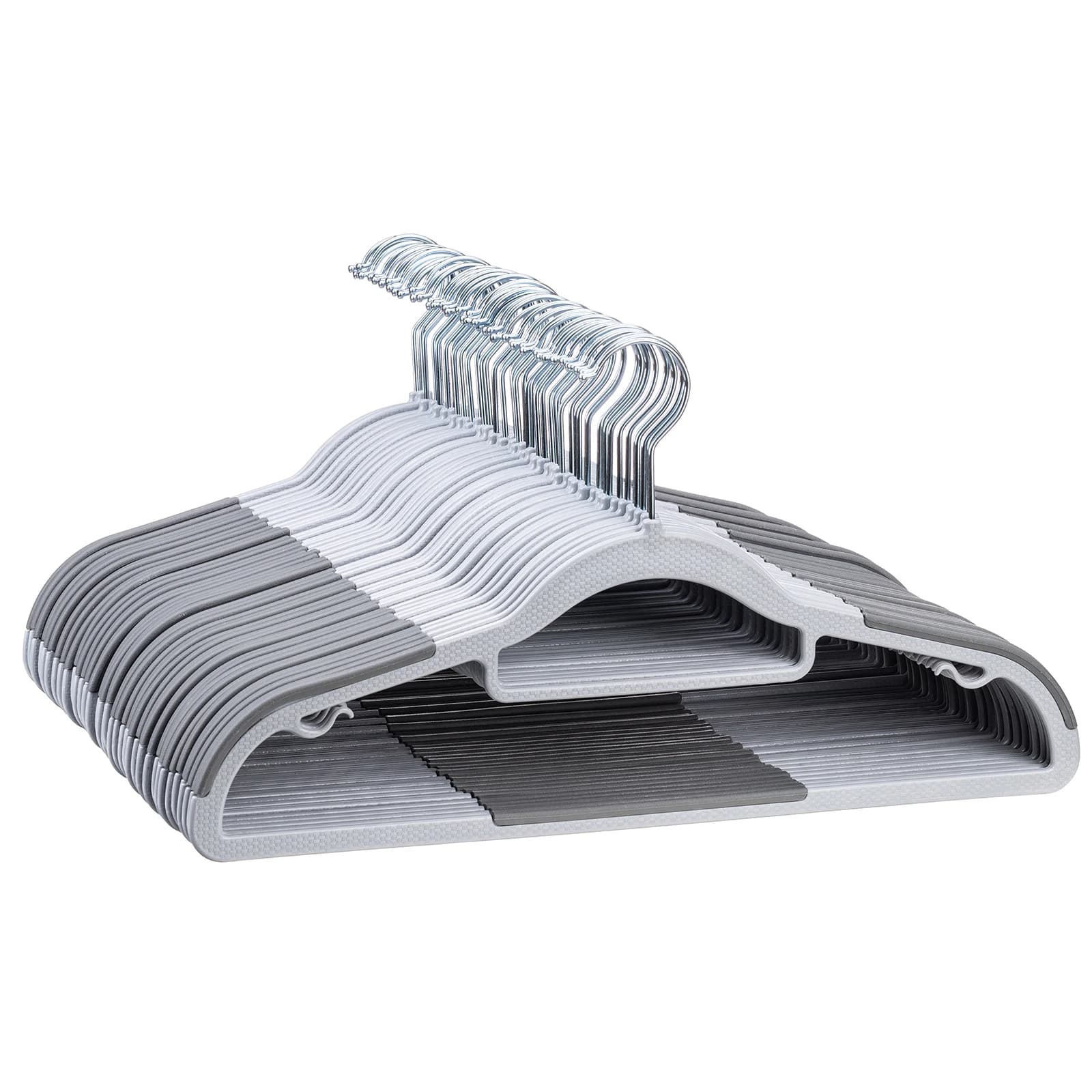 Confezione da 30/50 appendiabiti salvaspazio in plastica, antiscivolo, sottili da 0,2 pollici, 360° ° Gancio Girevole Argentato per Camicie, Pantaloni, Completi e Indumenti Bagnati/Asciutti, Grigio Chiaro e Scuro