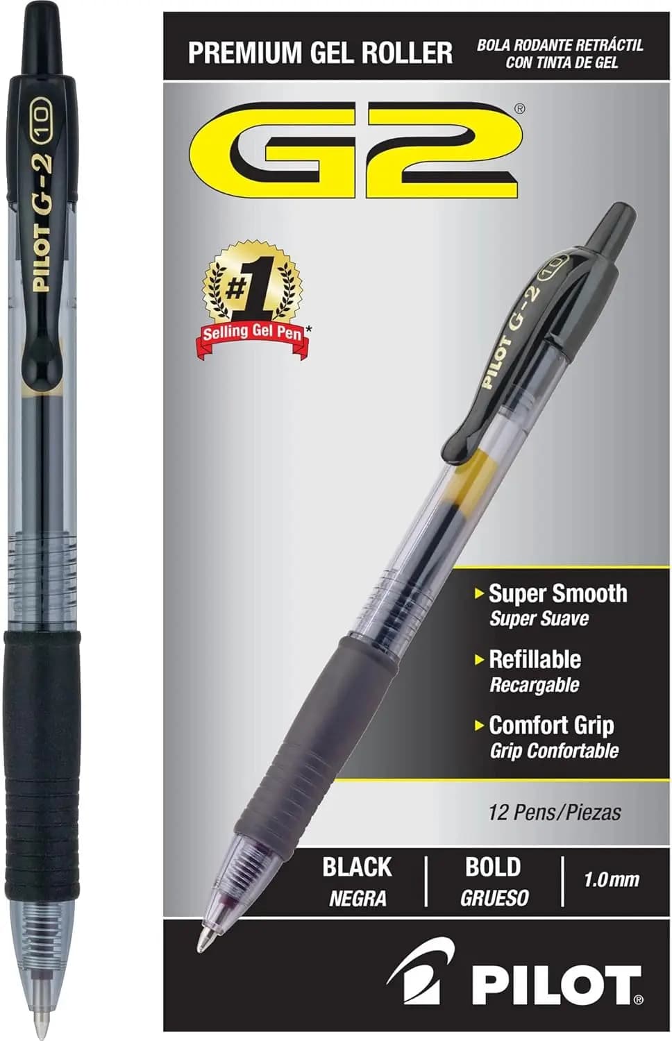 Pilot G2 Retractable Gel Pens Bold Point 1.0mm Black Ink 12-Pack Refillable for Smooth Writing