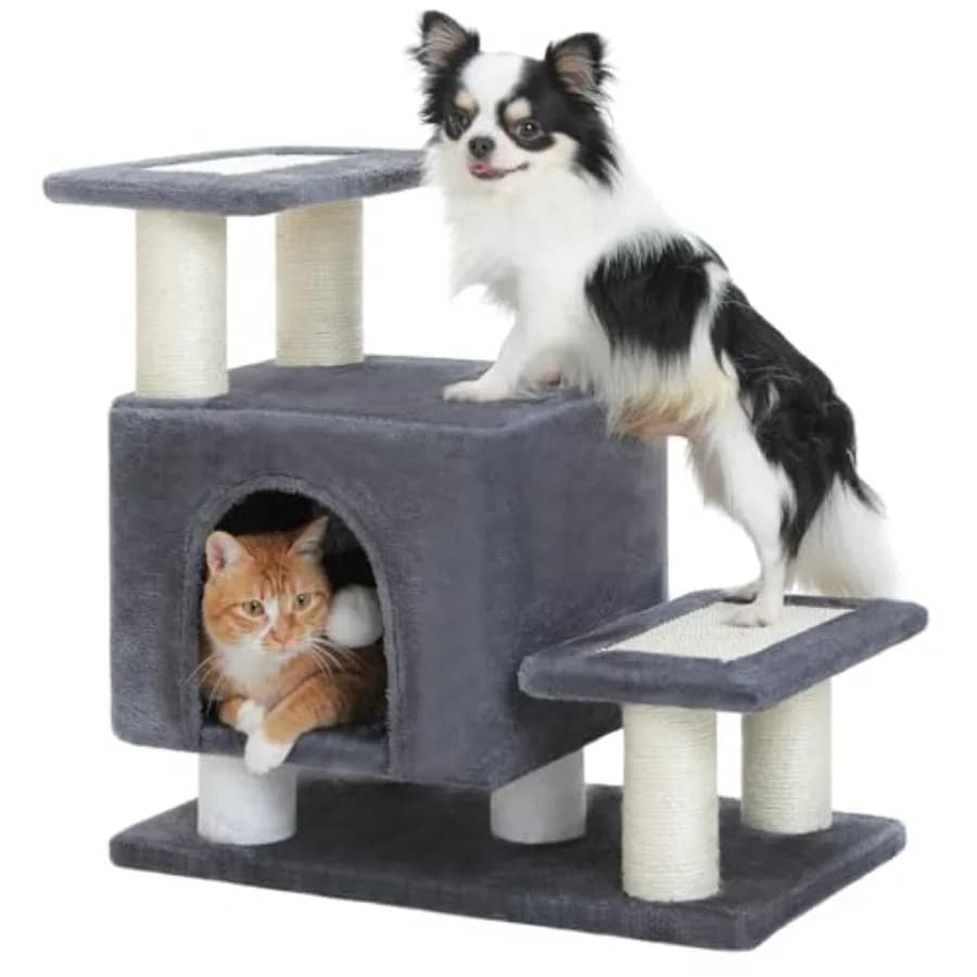Scaletta 3-in-1 per Cani e Tiragraffi per Gatti con Cuccia, Gradini per Animali Domestici per Letti Alti, Divani, Torri per Gatti, Tavola ad Alta Resistenza
