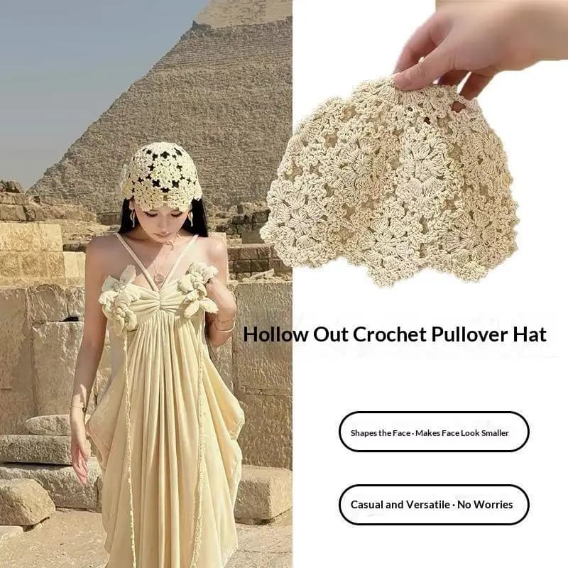Women Crochet Hollow Floral Beanie, Breathable Fabric, Face Slimming For Vacation Beach & Daily Wear