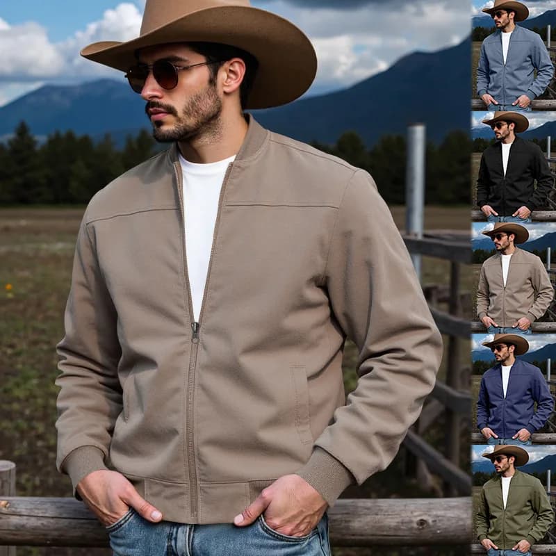 Nuovo Prodotto Autunno 2026: Giacca da Caccia in Denim Stile Western per Uomo, Modello Ampio con Cerniera in Camoscio
