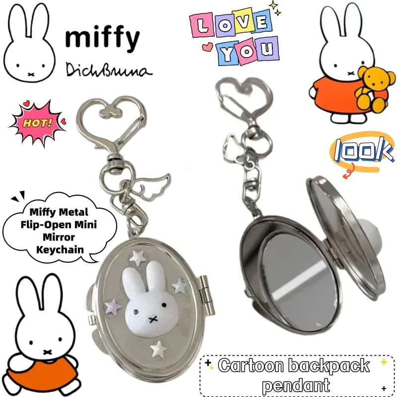 Nuovo Portachiavi con Specchietto in Metallo Miffy, Carino e Creativo, Ciondolo per Zaino Anime Bidimensionale, Regalo