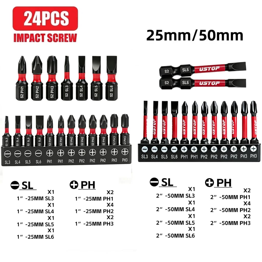 Ustop, 12/24 Piece Set of Sl and Ph Impact Screwdriver Bits, Ph2/1/3, Sl3/4/5/6, 25Mm/50Mm Long and Short Versions Suitable for Various Scenarios, Magnetic Bits, S2 Steel Material, Compatible with Electric Drills and Screwdrivers, Suitable for Automotive and Mechanical Equipment Maintenance