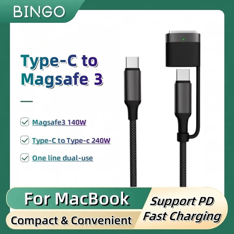 Cavo di ricarica di fascia alta 2 in 1 da tipo C a tipo C 240 W e Magsafe 3 140 W per MacBook Air/Pro, doppio uso, facile da trasportare per i viaggi