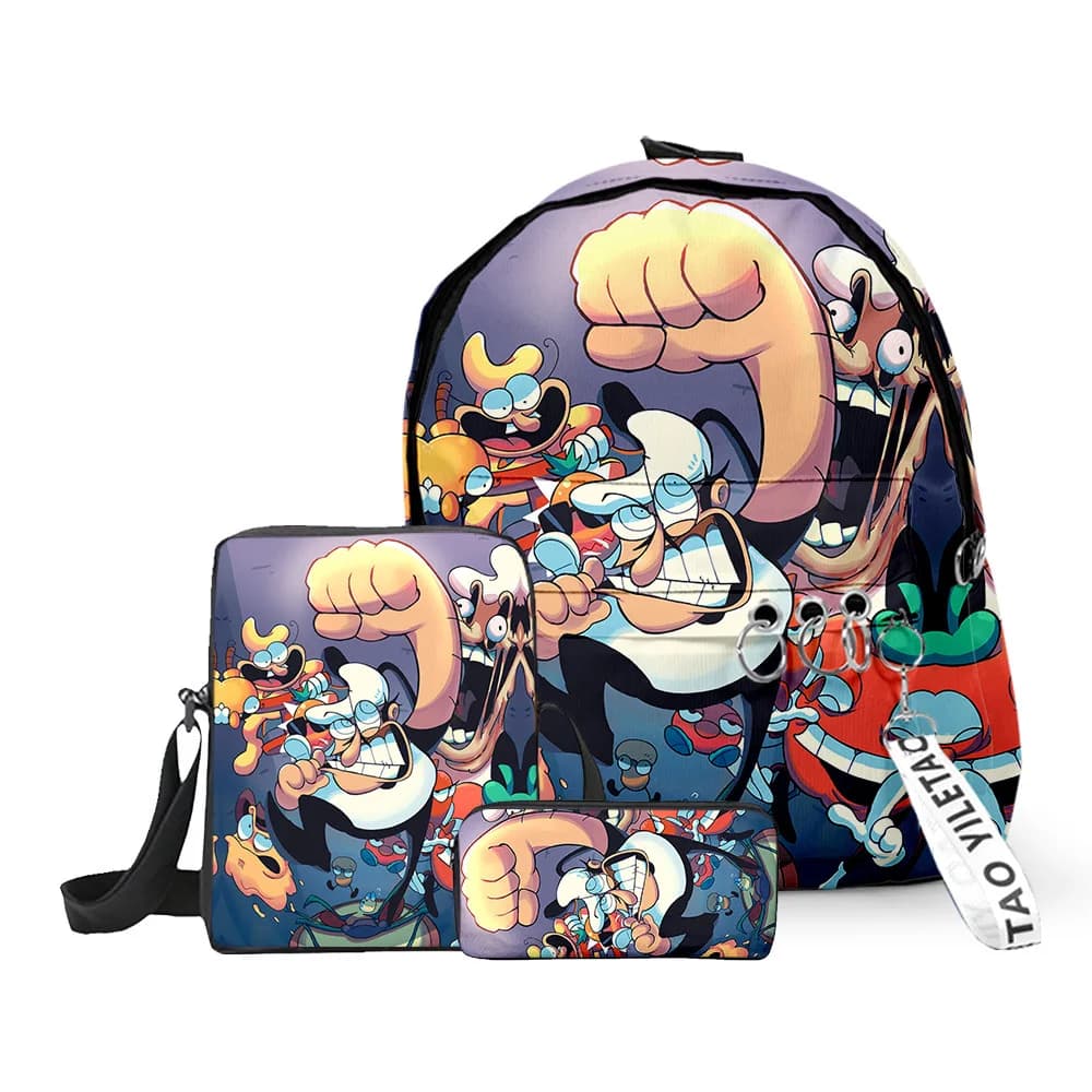 Lusso Divertente Pizza Tower Pepperman Stampa 3D 3 pezzi / set Borse da scuola per alunni Zaino per laptop Zaino Borsa a tracolla inclinata Astuccio
