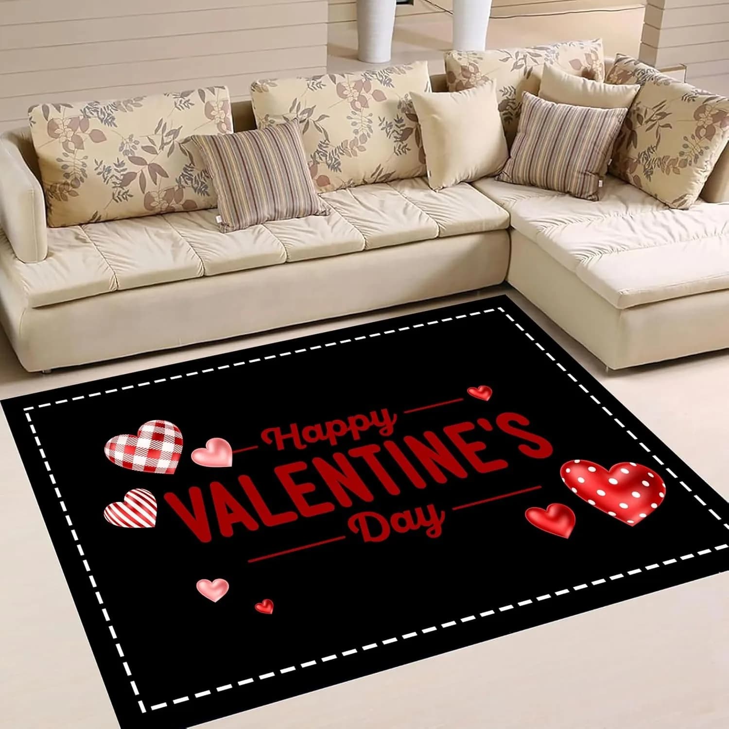 Happy Valentine's Day Theme Area Rug, Plaid Love Accent Rugs Love Black Rug, Door Mats Soft Indoor Rug Non-Slip Heart Carpet