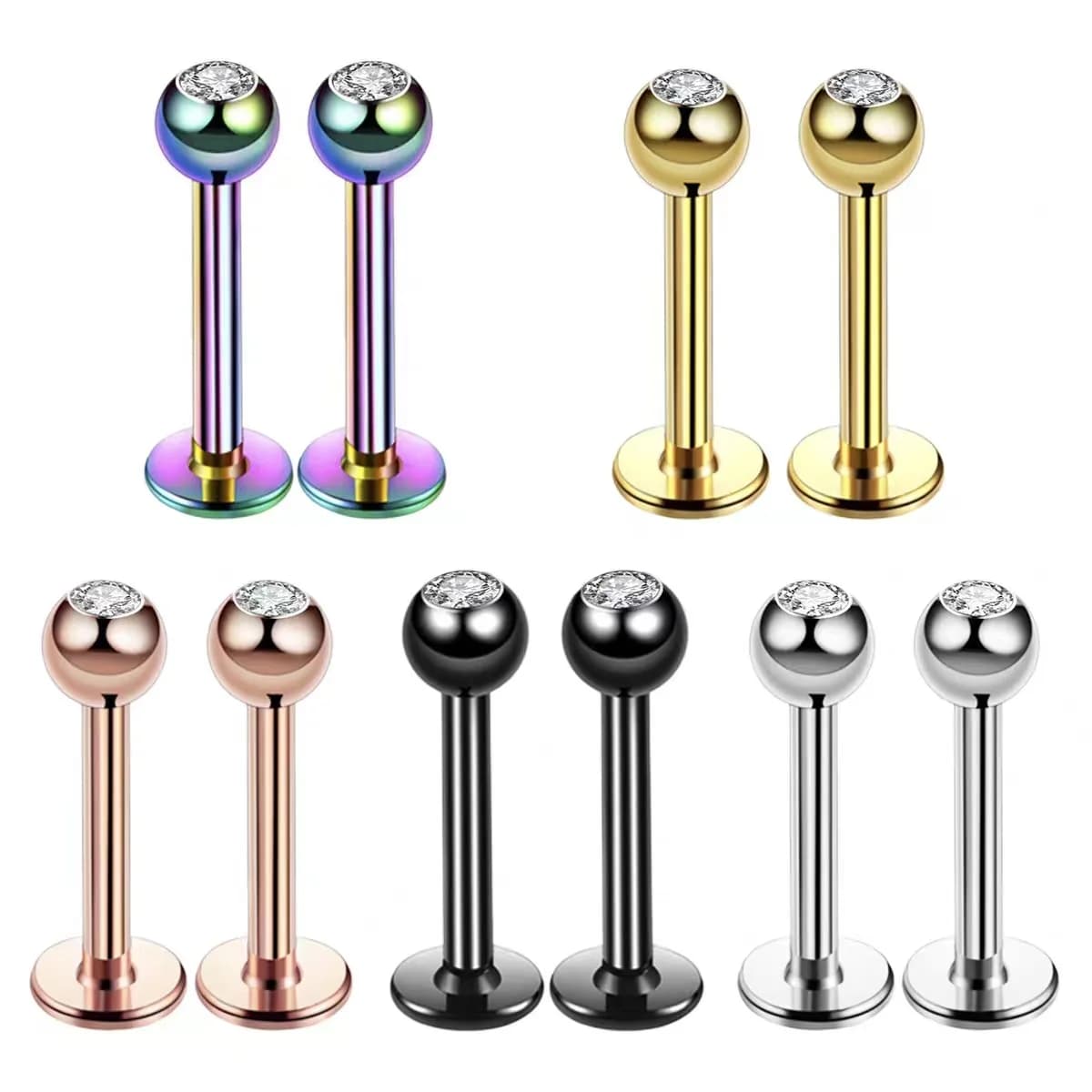 Piercing Labret/Tragus/Orecchio in Acciaio Chirurgico 16G con Sfera e Zirconia Cubica, 6mm/8mm/10mm