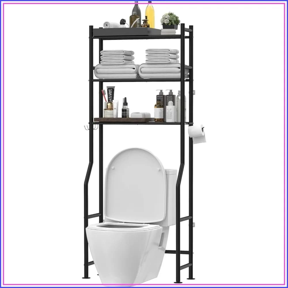 3-Tier Over Toilet Storage, Freestanding Metal Bathroom Shelves with 4 Hooks, Paper Holder, Black