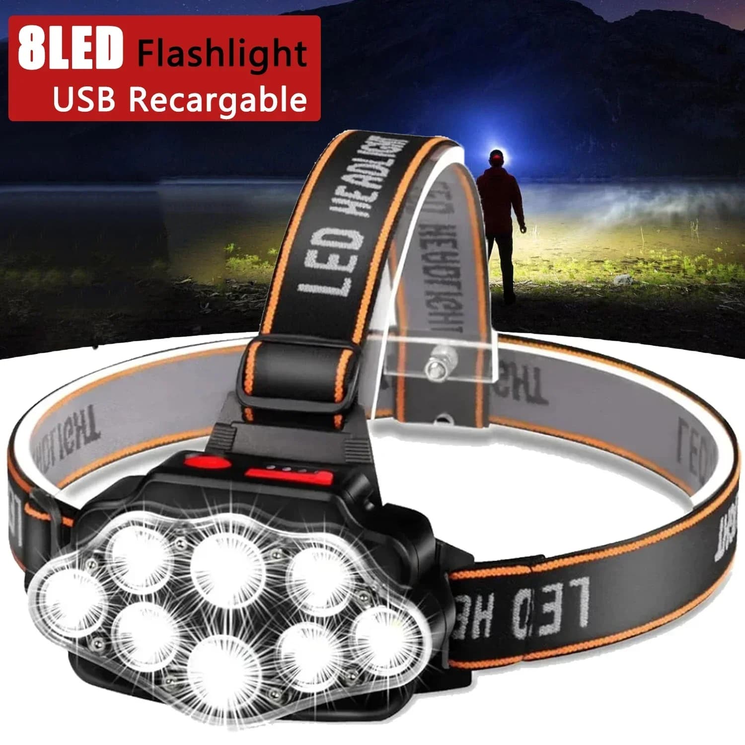 USB Rechargeable LED Front Lamp High Lumen Light With 8 IPX4 LED Headlight Waterproof Camping Light