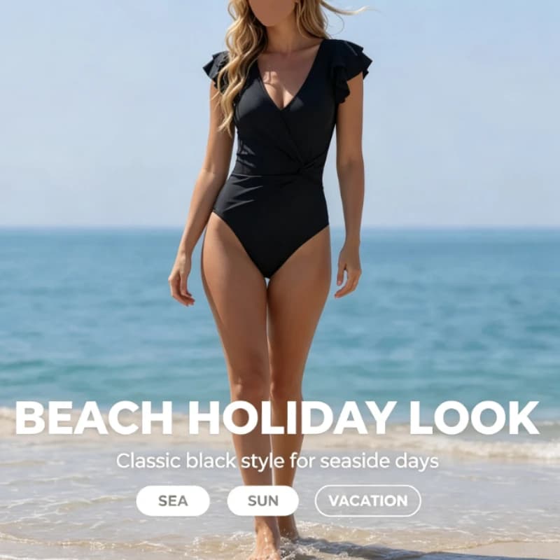 2026 European and American style new swimsuit, women's one-piece swimsuit, solid color sexy one-piece, tight ruffle edge