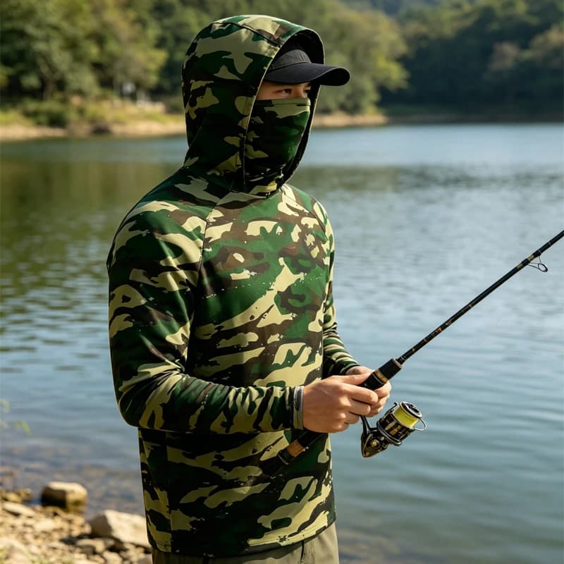 Felpa da pesca 2026 anti-UV con protezione solare, camicia da pesca traspirante con maschera e cappuccio, abbigliamento sportivo