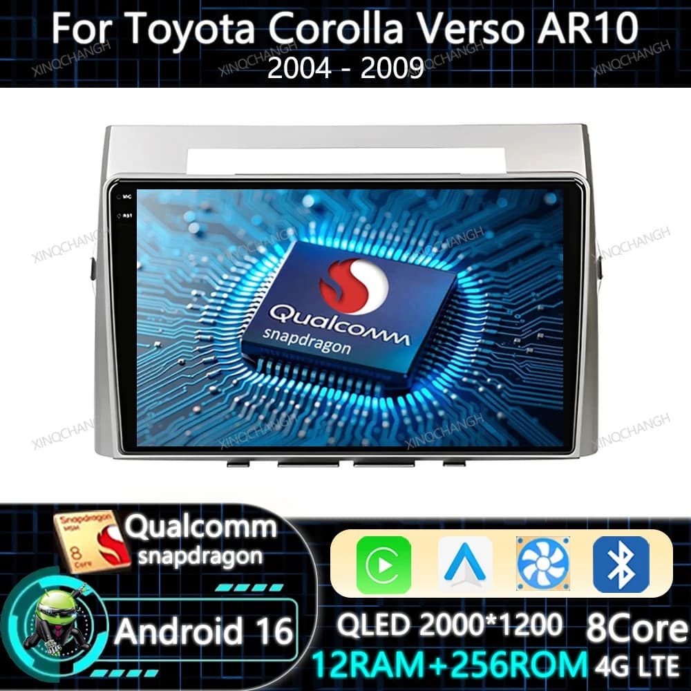 Android 16 Car Radio Carplay Auto For Toyota Corolla Verso AR10 2004 - 2009 Head Unit 2DIN QLED 4G LTE 5G WIFI Qualcomm BT GPS