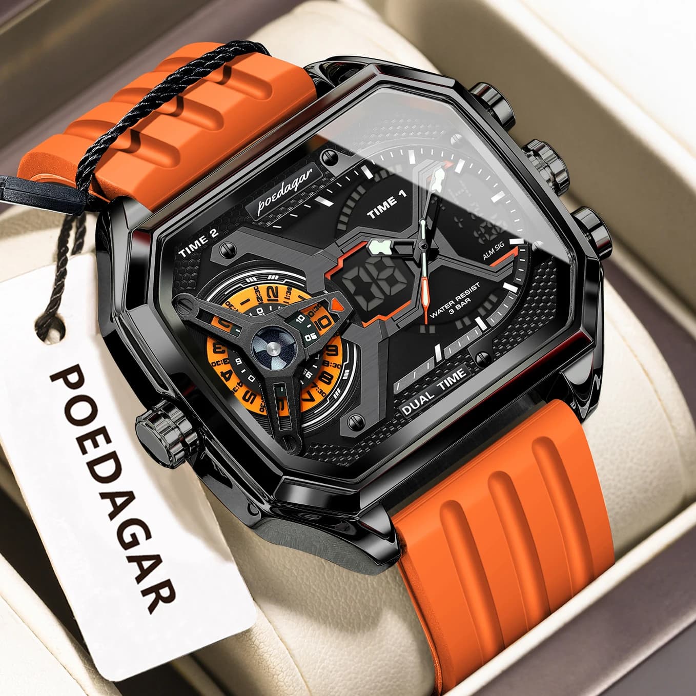 POEDAGAR Men's Sports Wrist Watch Weekly LED Luminous Men's Watch Fashion Silicone Strap Men's Electronic Dual Time Quartz Watch