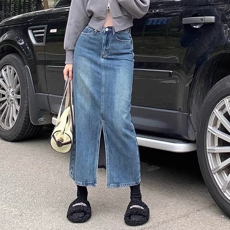 Summer Girls Retro Fashion High Waist Thin Skirt Lady Classic Korean A-line Slit Denim Skirts Female Casual Thin Jeans Dress