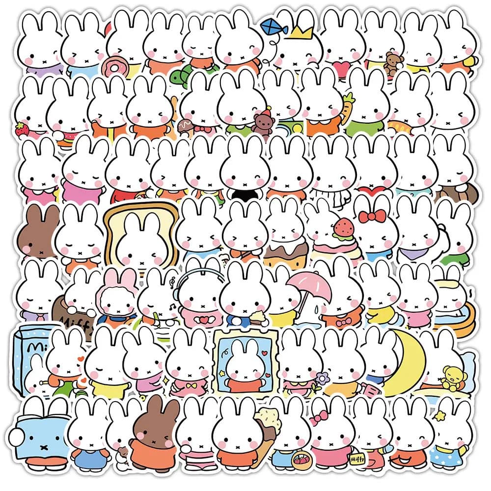 100 Adesivi Kawaii Miffy, Simpatici Disegni Impermeabili per Decorazione Murale Fai-da-Te, per Libri, Tazze, Scrivanie, Tablet, Regali e Giocattoli