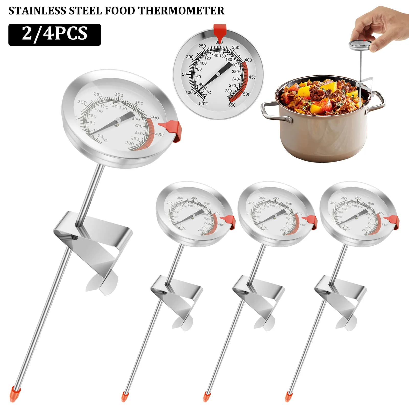 Termometro da Cucina in Acciaio Inox con Clip per Friggitrice, 2/4 Pezzi, Termometro per Carne, BBQ, Tacchino, Utensili da Cucina