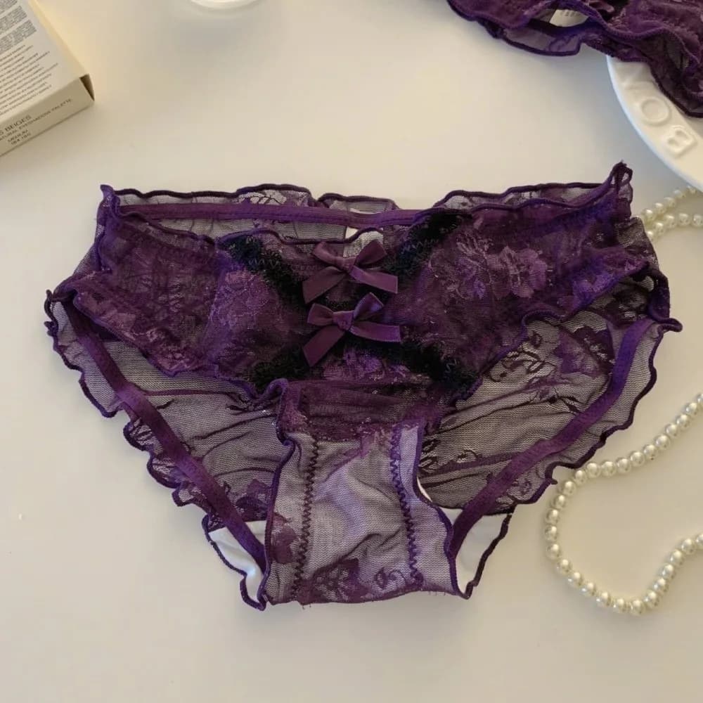 Slip Estivi a Vita Bassa in Pizzo Trasparente con Fiore in Rete e Fiocco, Biancheria Intima Sottile da Donna