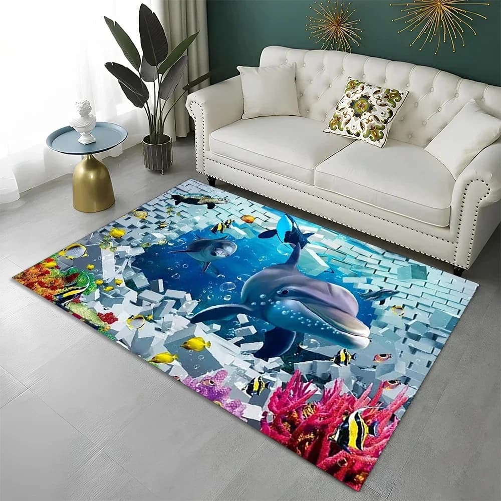 Mondo sottomarino Delfino Stampa Tappeto Cartoon Oceano Animale Sfondo marino Paesaggio Pesce tropicale Zerbino Morbido Tappetino da bagno Tappeto da letto antiscivolo