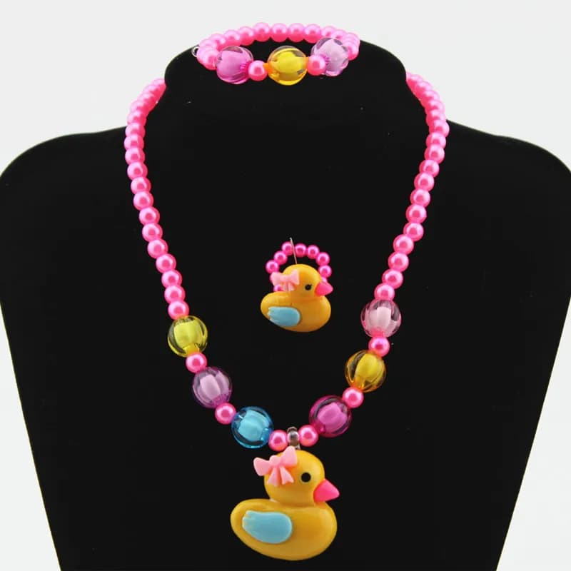 Baby Girls Imitation Pearl Beads Jewelry Set Cute Duck Necklace Bracelets Kids Ring Children Jewelry Set Gift