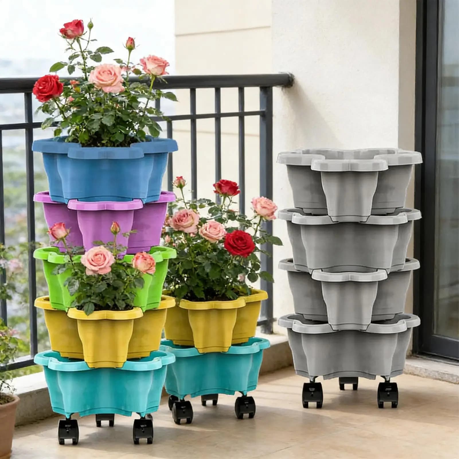 Fioriera in Plastica Multistrato con Ruote Mobili, Torre per Fragole, Nuovo Vaso Verticale Impilabile per Casa e Giardino